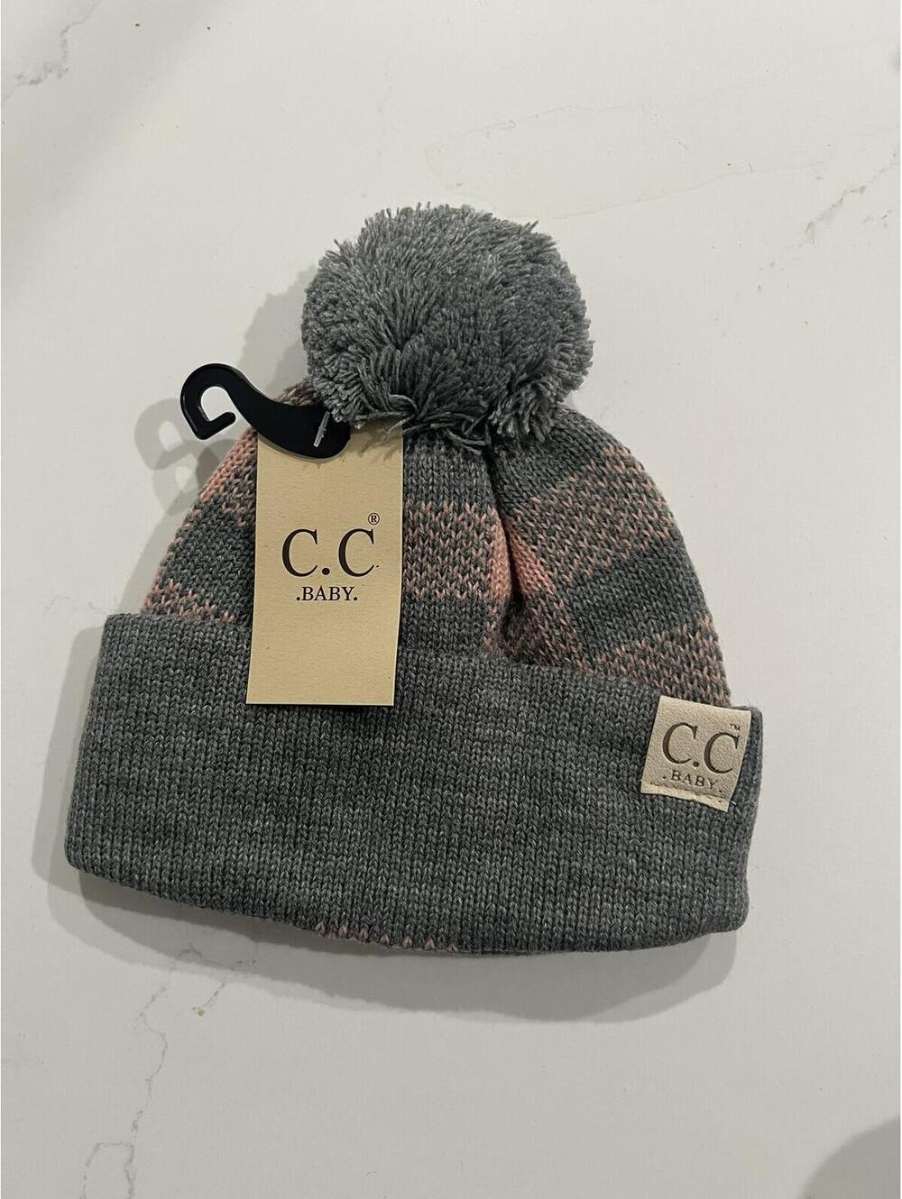 CC Baby Single Pom Buffalo Plaid Infant Beanie Pink/Gray, Newborn to 9 months